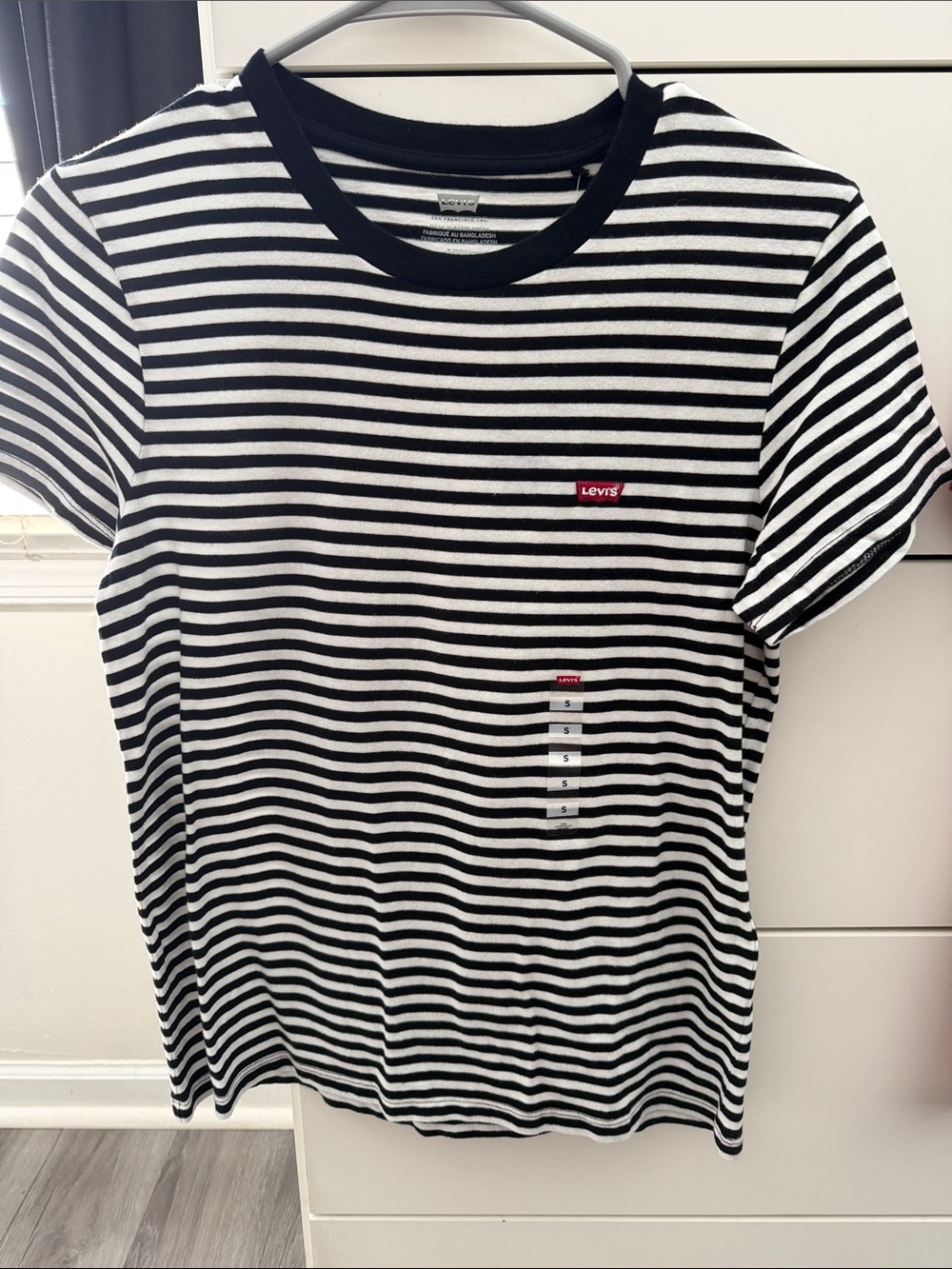 Levi's Black & White Striped Crew Tee with Red Logo